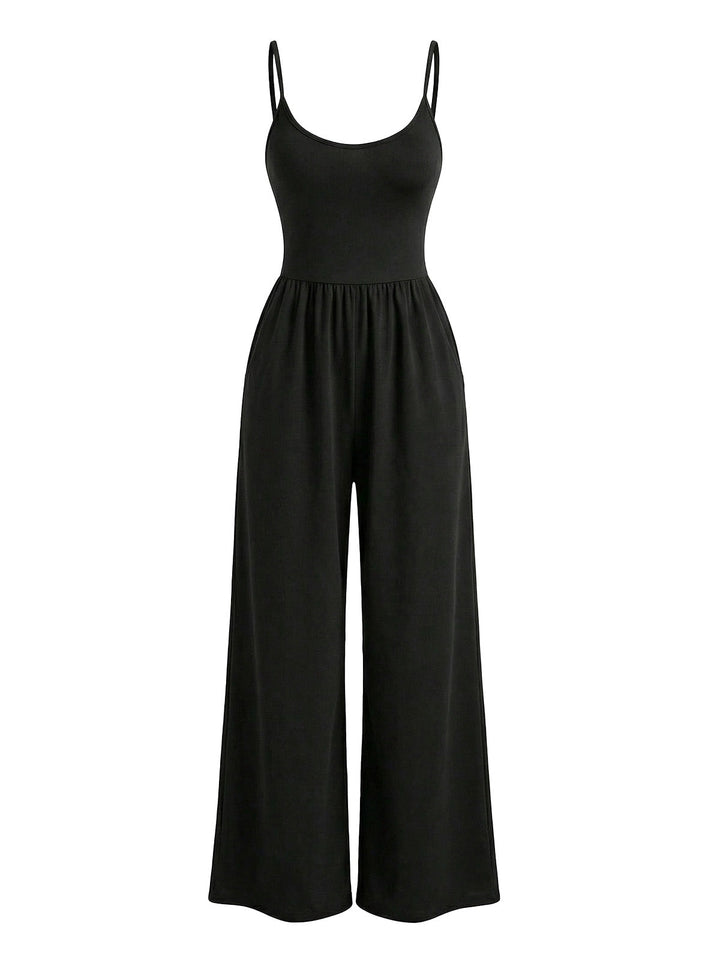 1930s Solid Knitted Spaghetti Straps Wide-Leg Jumpsuit | vintage romper, retro jumpsuit, playful style - perfect for retro fashion enthusiasts