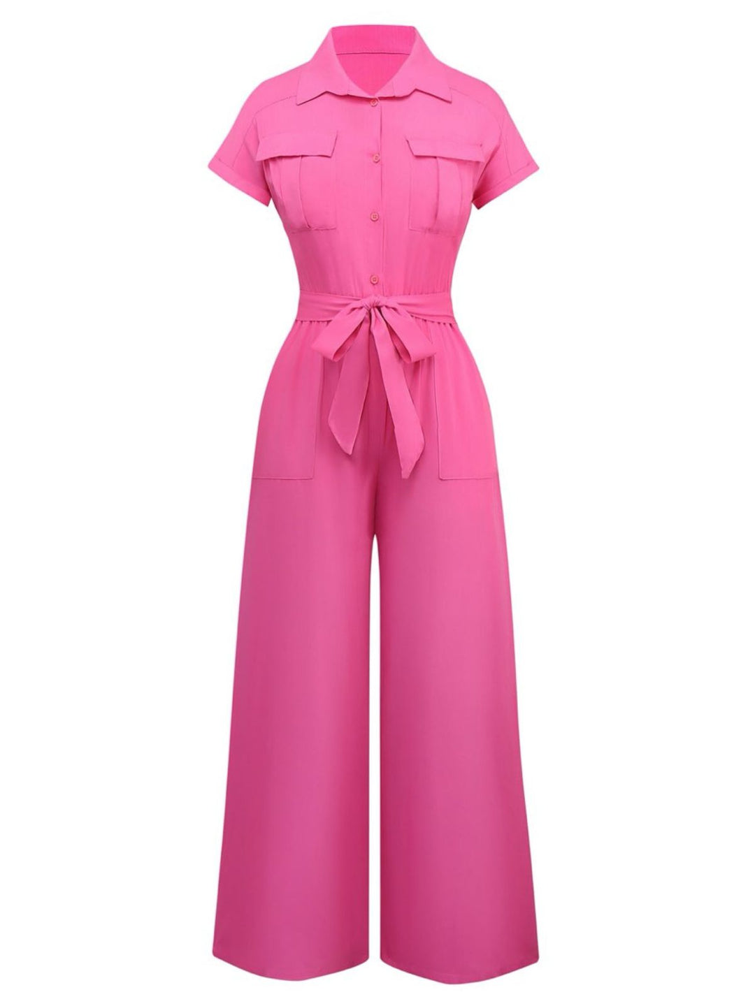 1930s Solid Lapel Button Belted Cargo Jumpsuit - vintage jumpsuit, retro fashion