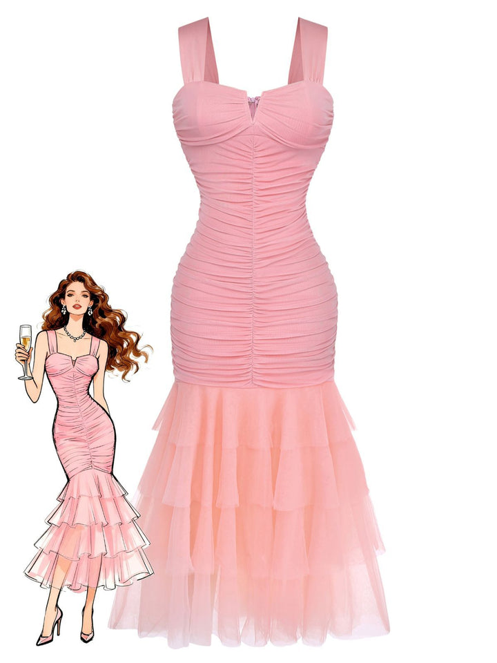 1930s Solid Mesh Patchwork Ruched Bodycon Dress - vintage dress, retro fashion