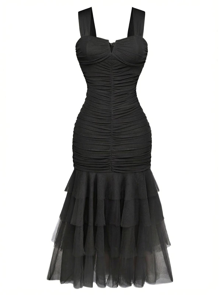 1930s Solid Mesh Patchwork Ruched Bodycon Dress - vintage dress, retro fashion