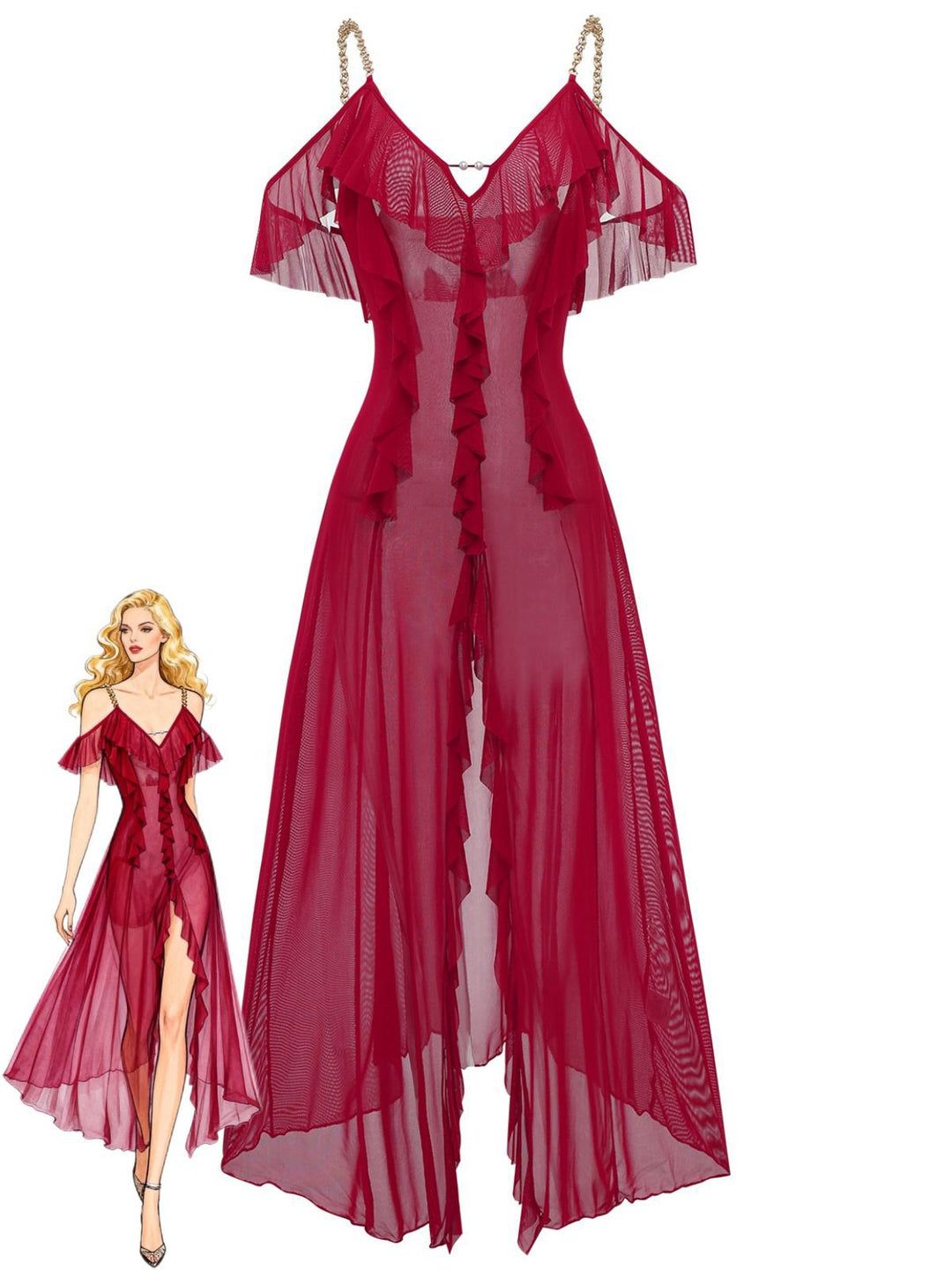 Solid Mesh Ruffle Cold-Shoulder Slit Nightdress - vintage dress, retro fashion