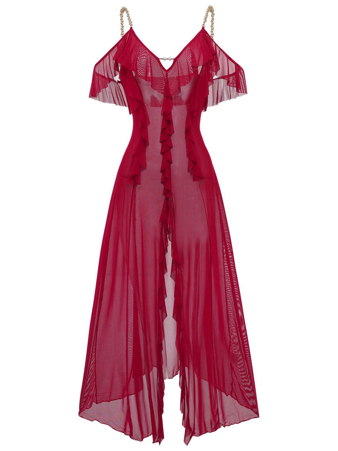 Solid Mesh Ruffle Cold-Shoulder Slit Nightdress - vintage dress, retro fashion
