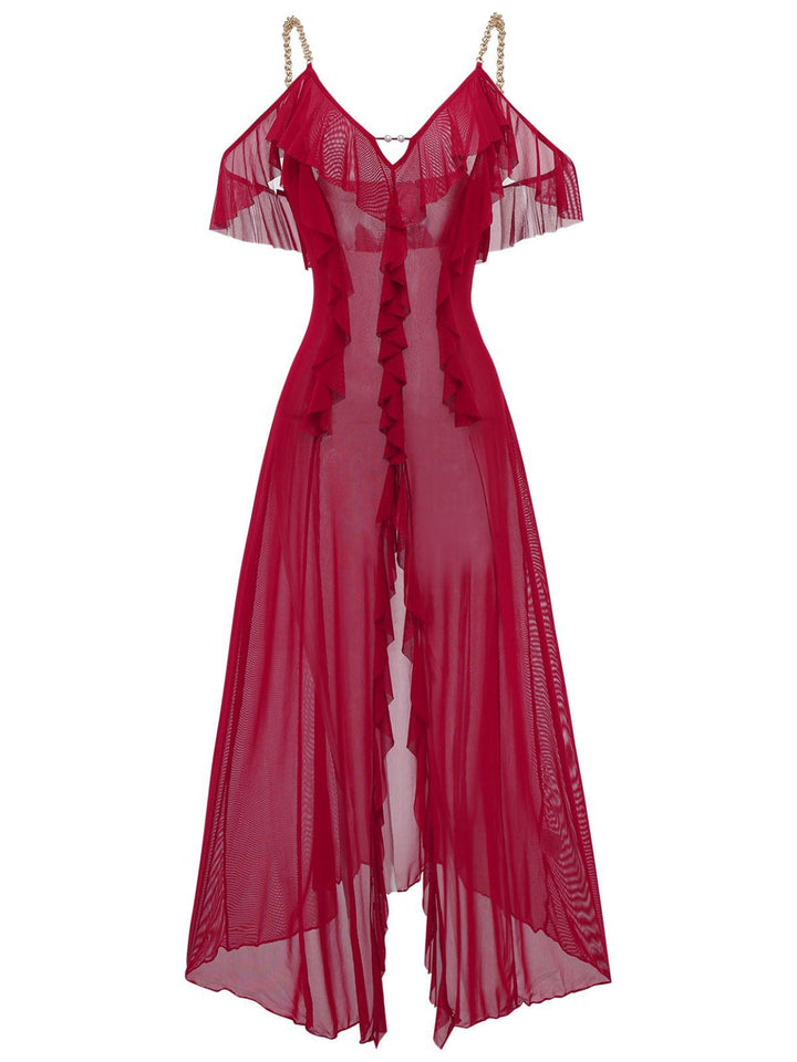 Solid Mesh Ruffle Cold-Shoulder Slit Nightdress - vintage dress, retro fashion