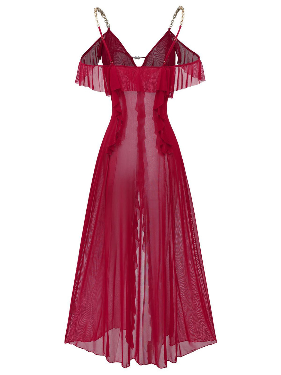 Solid Mesh Ruffle Cold-Shoulder Slit Nightdress - vintage dress, retro fashion