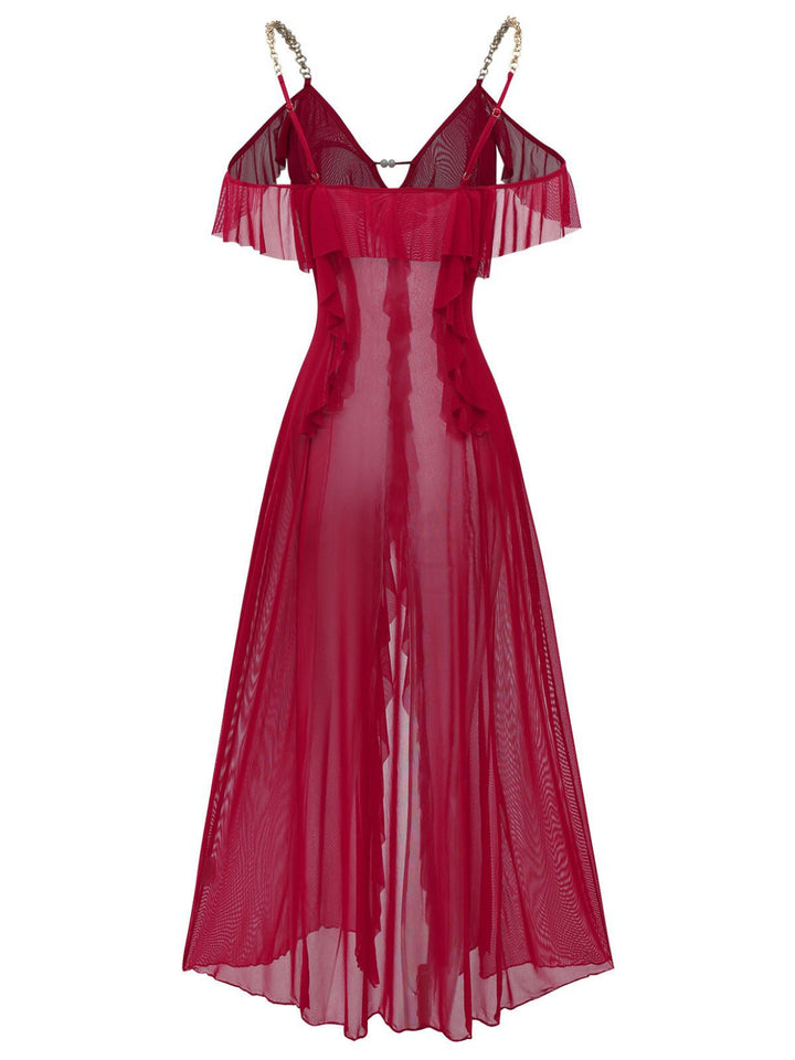 Solid Mesh Ruffle Cold-Shoulder Slit Nightdress - vintage dress, retro fashion