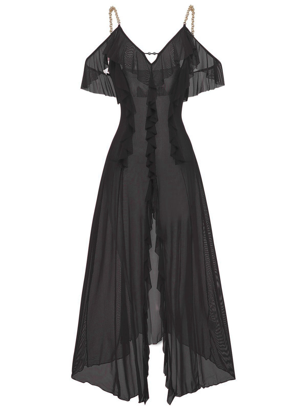 Solid Mesh Ruffle Cold-Shoulder Slit Nightdress - vintage dress, retro fashion