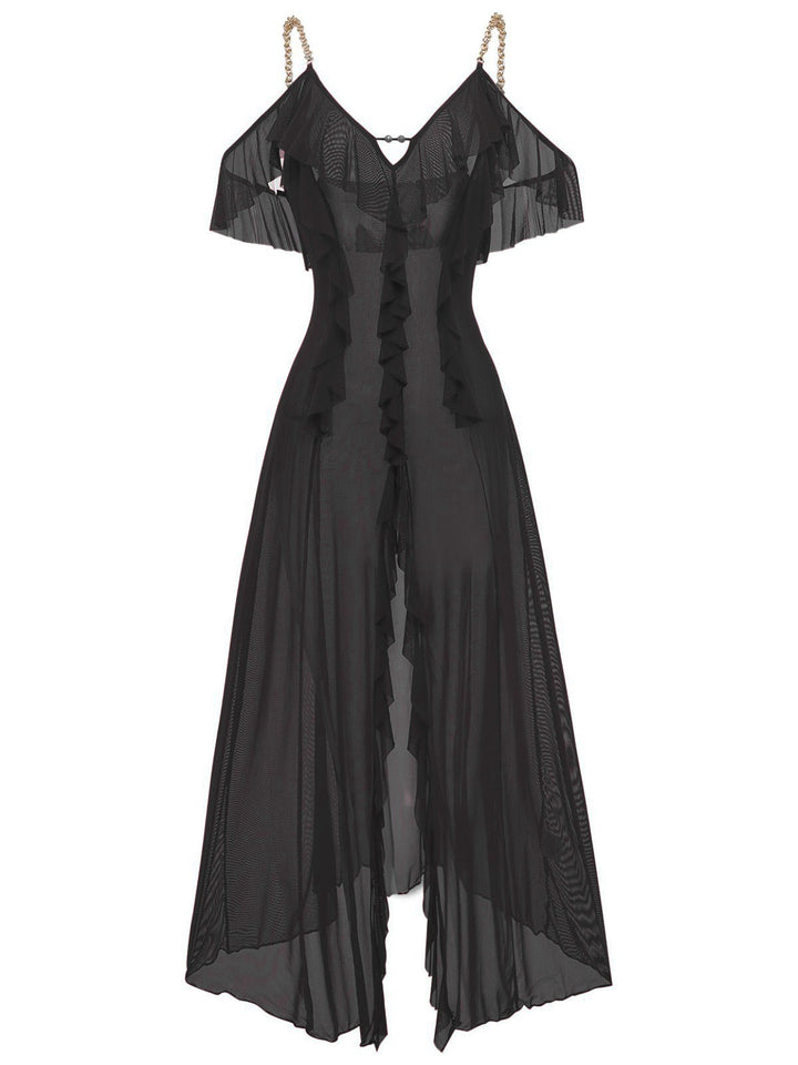 Solid Mesh Ruffle Cold-Shoulder Slit Nightdress - vintage dress, retro fashion