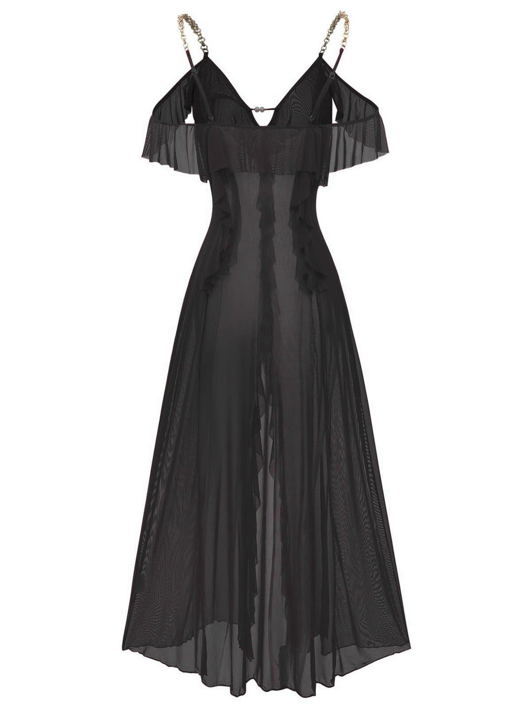 Solid Mesh Ruffle Cold-Shoulder Slit Nightdress - vintage dress, retro fashion
