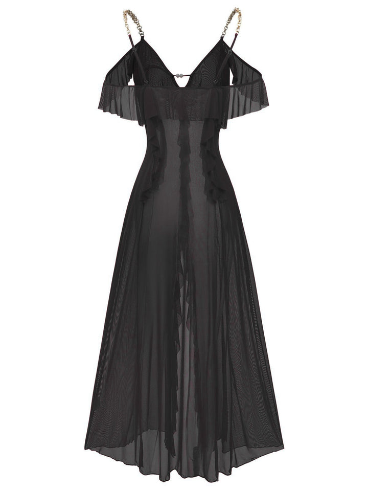 Solid Mesh Ruffle Cold-Shoulder Slit Nightdress - vintage dress, retro fashion