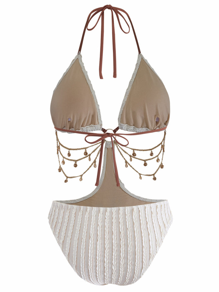 Solid Metal Chain Cutout Swimsuit - vintage swimwear, retro swimsuit, style for vintage lovers