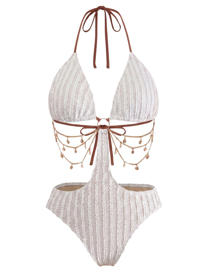 Solid Metal Chain Cutout Swimsuit, vintage swimsuit, swimwear - perfect for women who love vintage and retro fashion