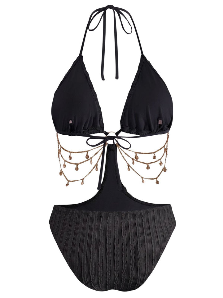 Green Solid Metal Chain Cutout Swimsuit, vintage swimsuit, swimwear - perfect for women who love vintage and retro fashion