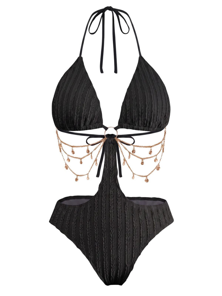 Green Solid Metal Chain Cutout Swimsuit, vintage swimsuit, swimwear - perfect for women who love vintage and retro fashion