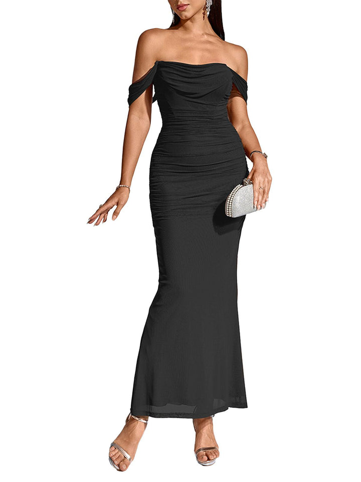 1930s Solid Off-Shoulder Bodycon Maxi Dress - vintage dress, retro fashion