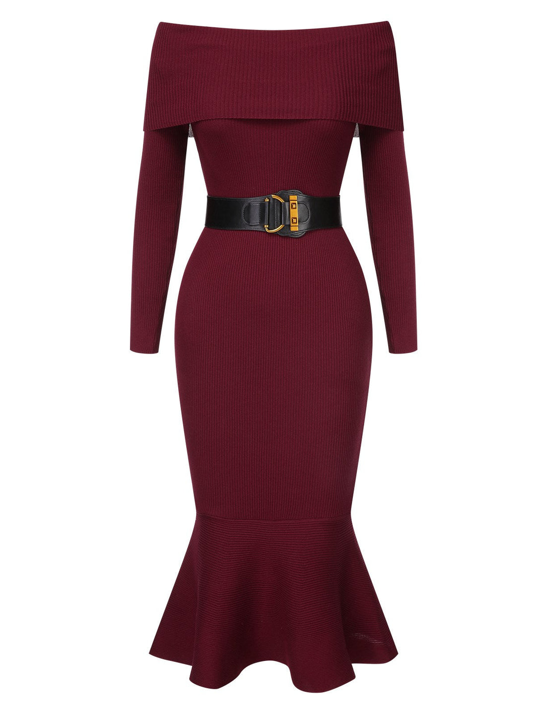 1930s Solid Off-Shoulder Knitted Fishtail Dress With Belt, vintage dress, retro fashion - perfect for women who love vintage and retro fashion