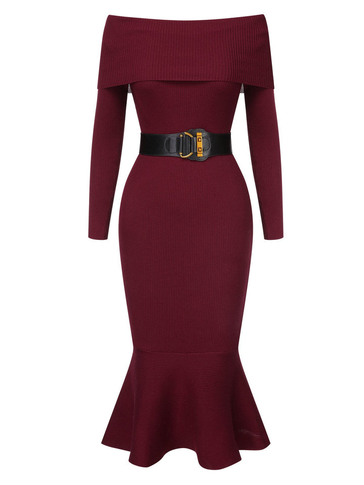 1930s Solid Off-Shoulder Knitted Fishtail Dress With Belt, vintage dress, retro fashion - perfect for women who love vintage and retro fashion