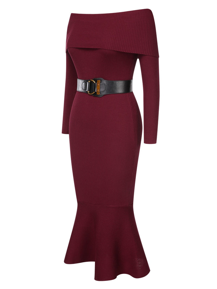 1930s Solid Off-Shoulder Knitted Fishtail Dress With Belt, vintage dress, retro fashion - perfect for women who love vintage and retro fashion