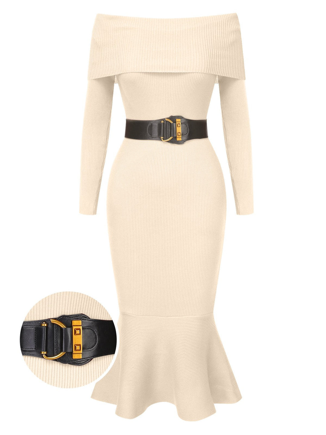 1930s Solid Off-Shoulder Knitted Fishtail Dress With Belt, vintage dress, retro fashion - perfect for women who love vintage and retro fashion