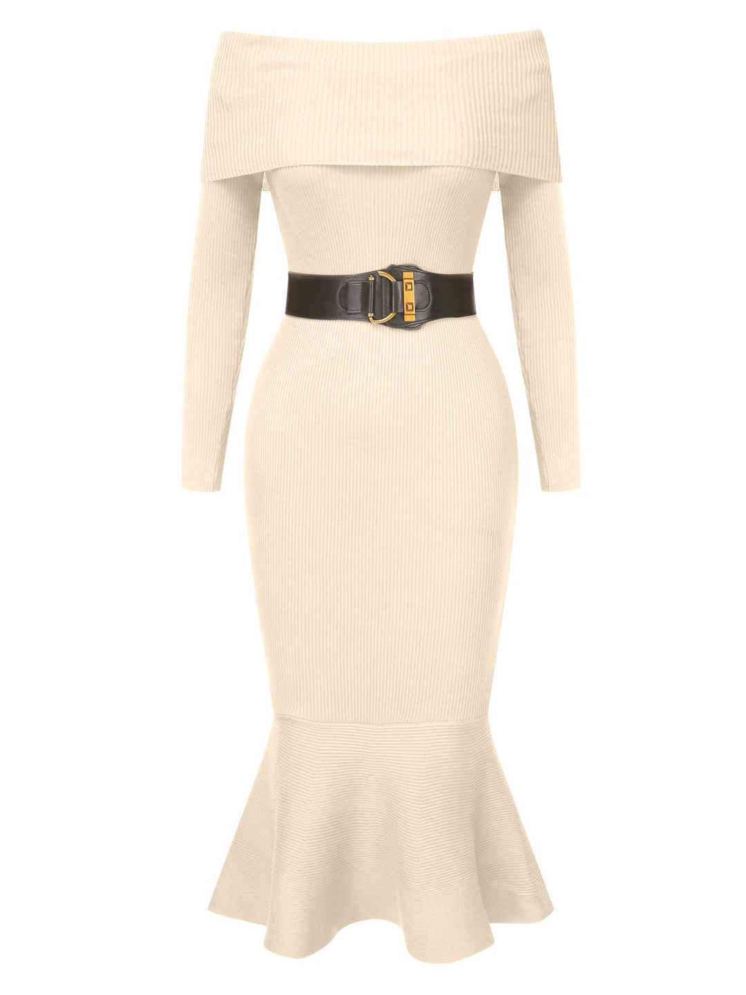 1930s Solid Off-Shoulder Knitted Fishtail Dress With Belt, vintage dress, retro fashion - perfect for women who love vintage and retro fashion