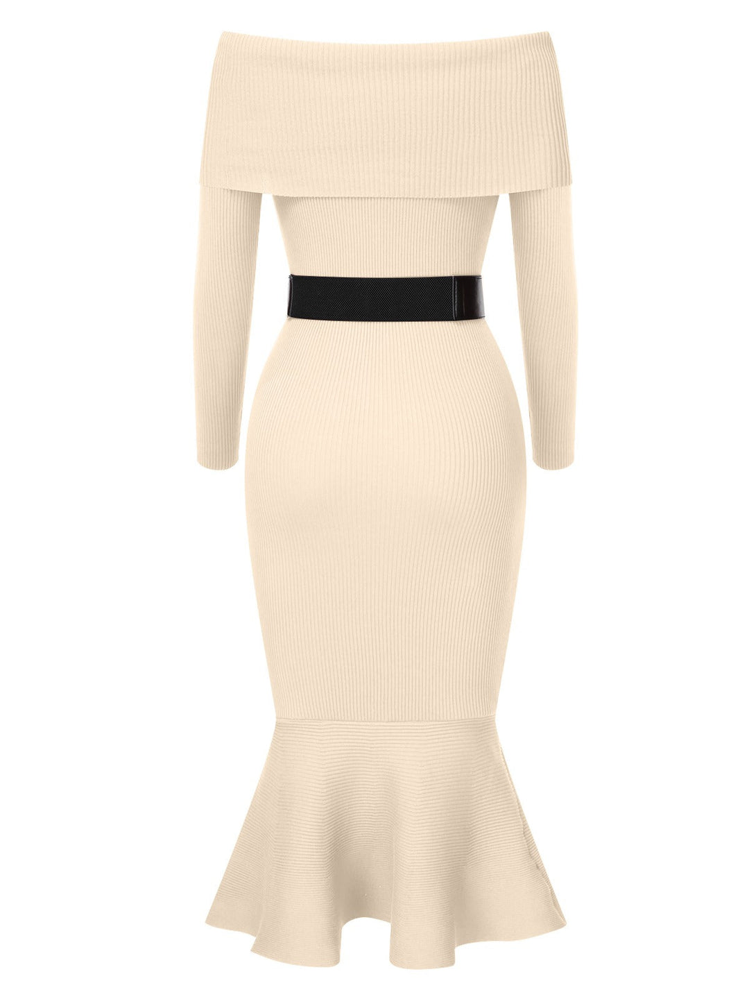 1930s Solid Off-Shoulder Knitted Fishtail Dress With Belt, vintage dress, retro fashion - perfect for women who love vintage and retro fashion
