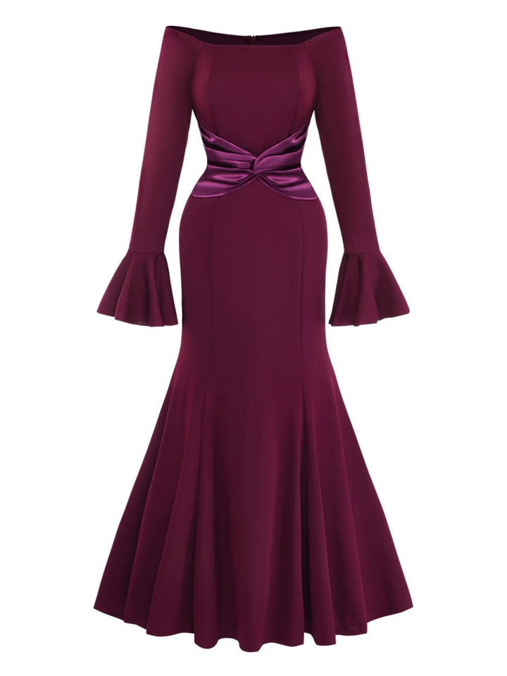 1930s Solid Off-Shoulder Pleated Bell Sleeve Dress - vintage dress, retro fashion