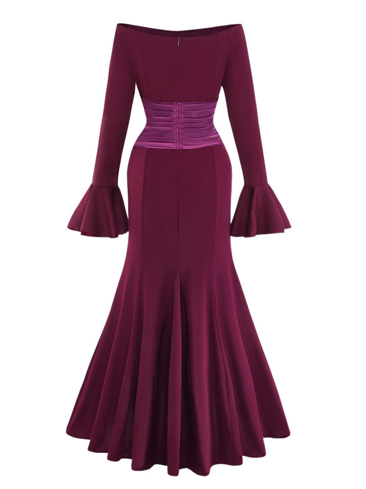 1930s Solid Off-Shoulder Pleated Bell Sleeve Dress - vintage dress, retro fashion