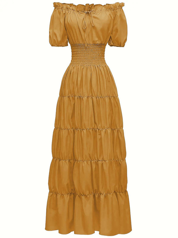 She slips into this 1930s Solid Off-Shoulder Smocked Puff Sleeves Dress and suddenly it&