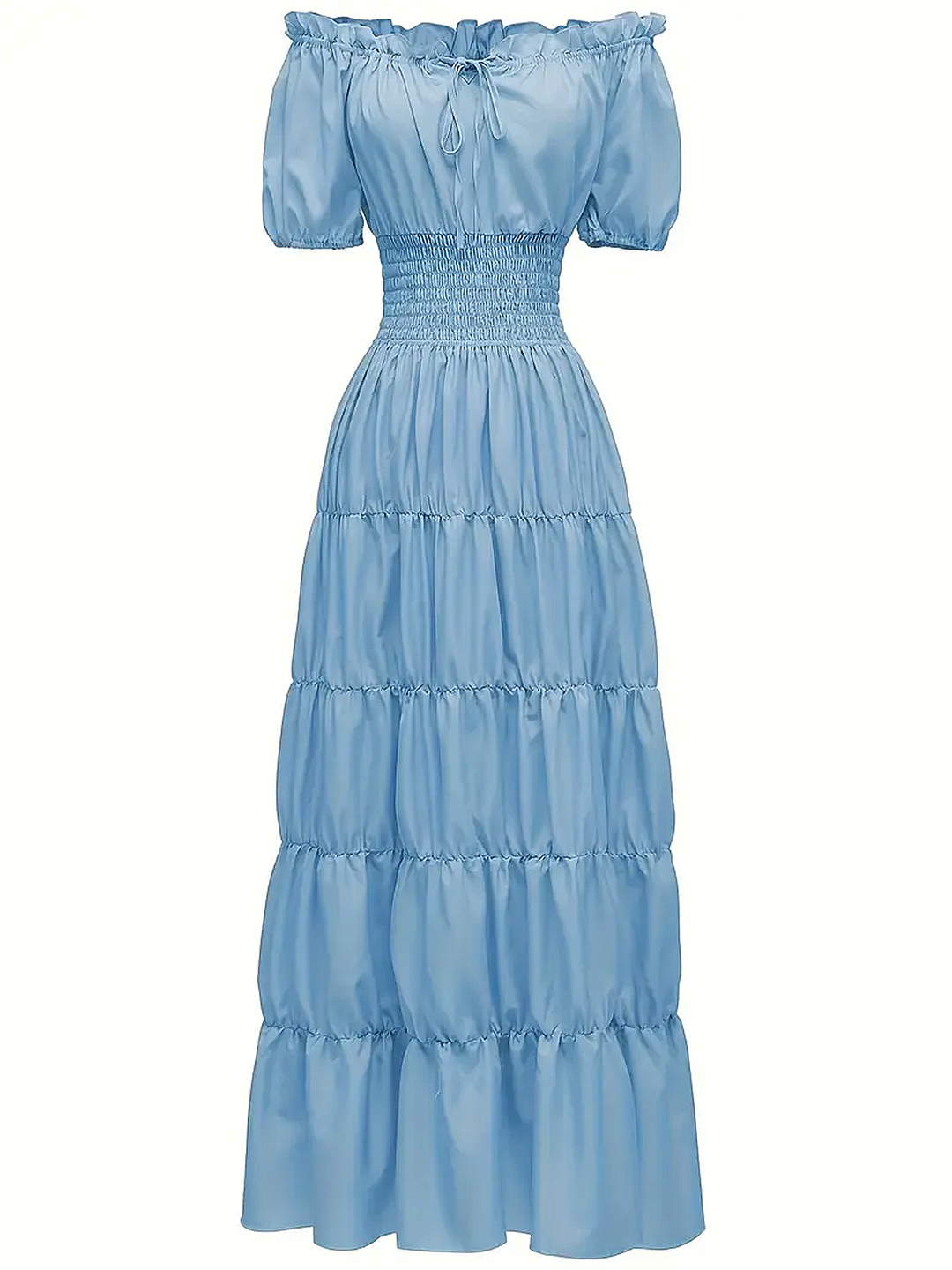 She slips into this 1930s Solid Off-Shoulder Smocked Puff Sleeves Dress and suddenly it&