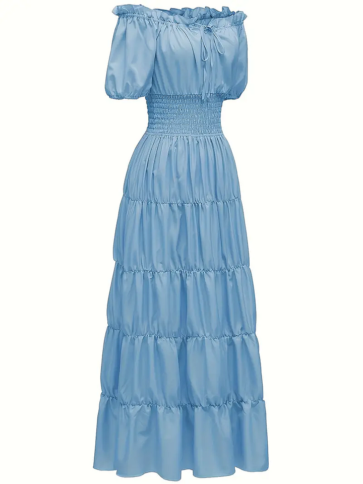This 1930s Solid Off-Shoulder Smocked Puff Sleeves Dress wraps her in 1930s elegance, one twirl at a time