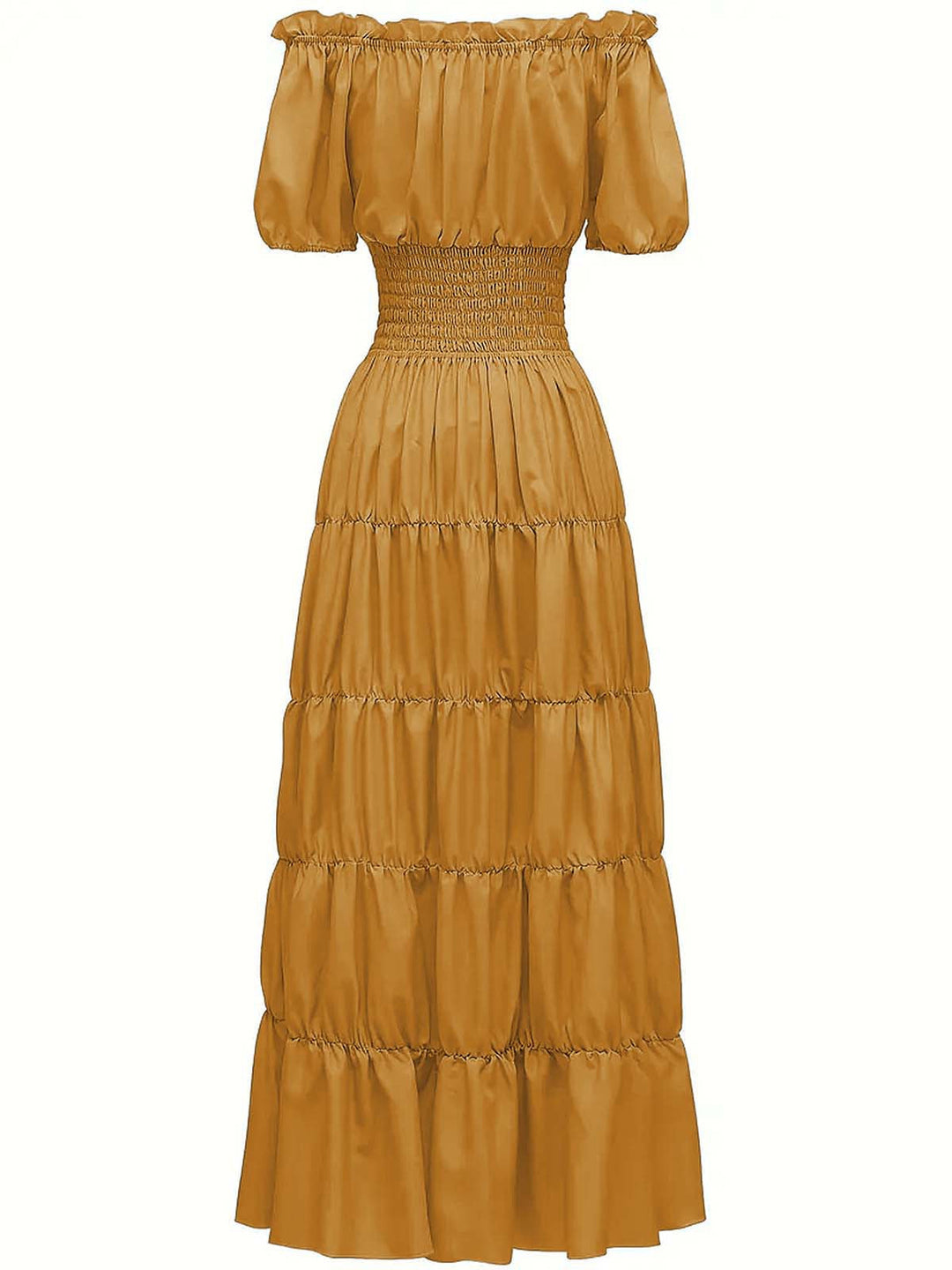 1930s Solid Off-Shoulder Smocked Puff Sleeves Dress: where 1930s romance meets her modern spirit
