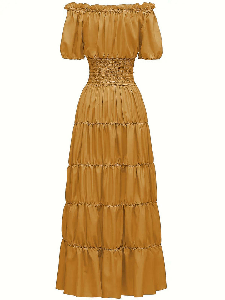 1930s Solid Off-Shoulder Smocked Puff Sleeves Dress: where 1930s romance meets her modern spirit
