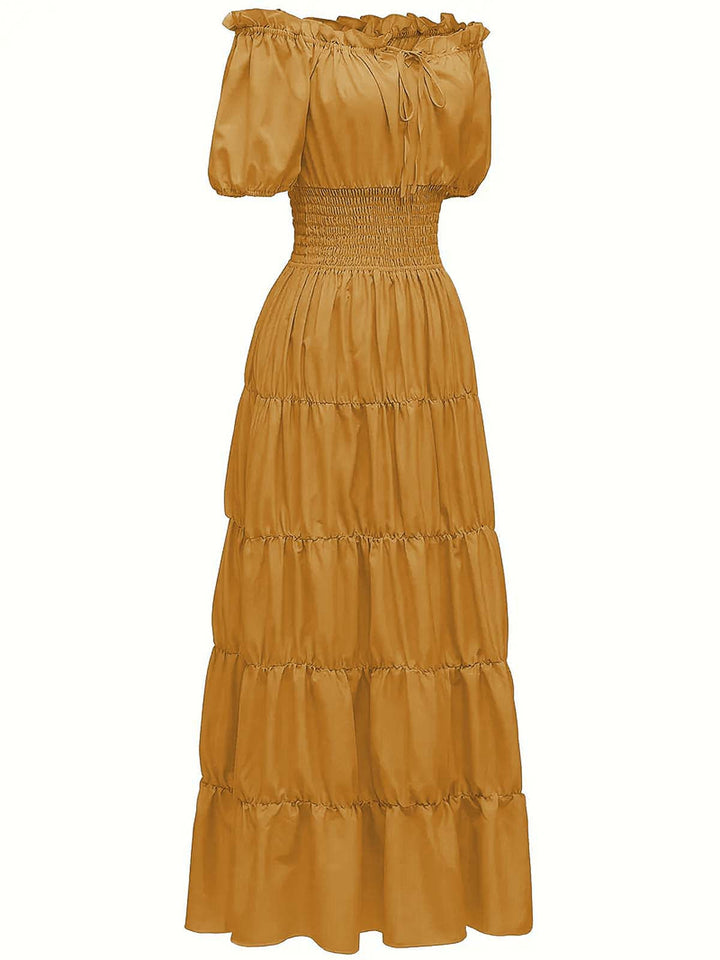 This 1930s Solid Off-Shoulder Smocked Puff Sleeves Dress wraps her in 1930s elegance, one twirl at a time