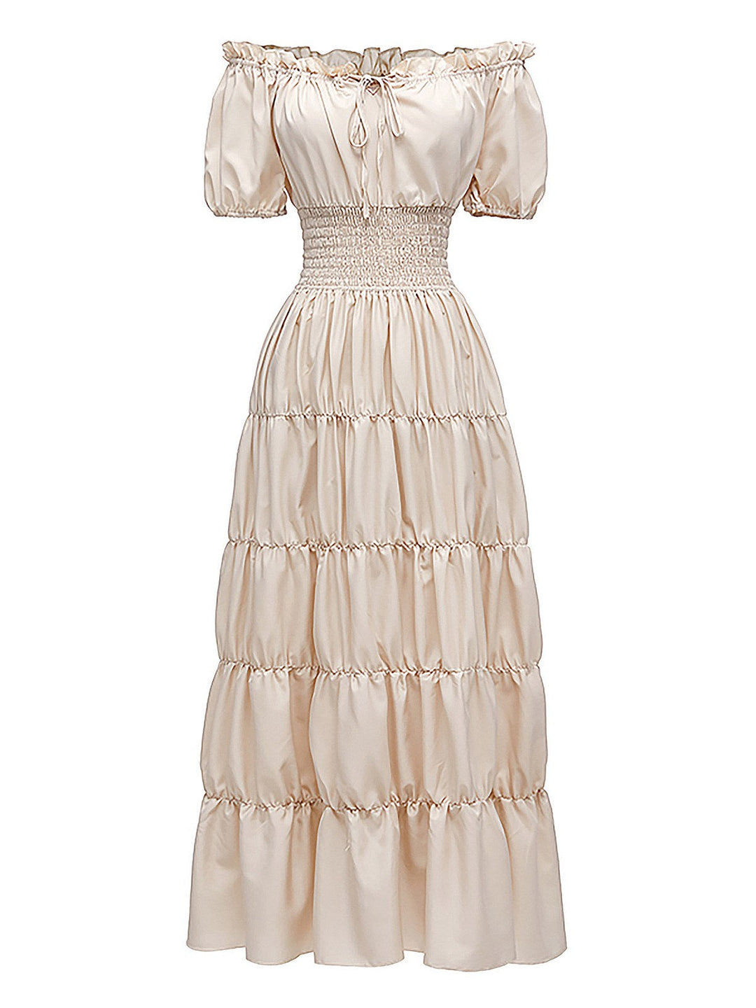 She slips into this 1930s Solid Off-Shoulder Smocked Puff Sleeves Dress and suddenly it&