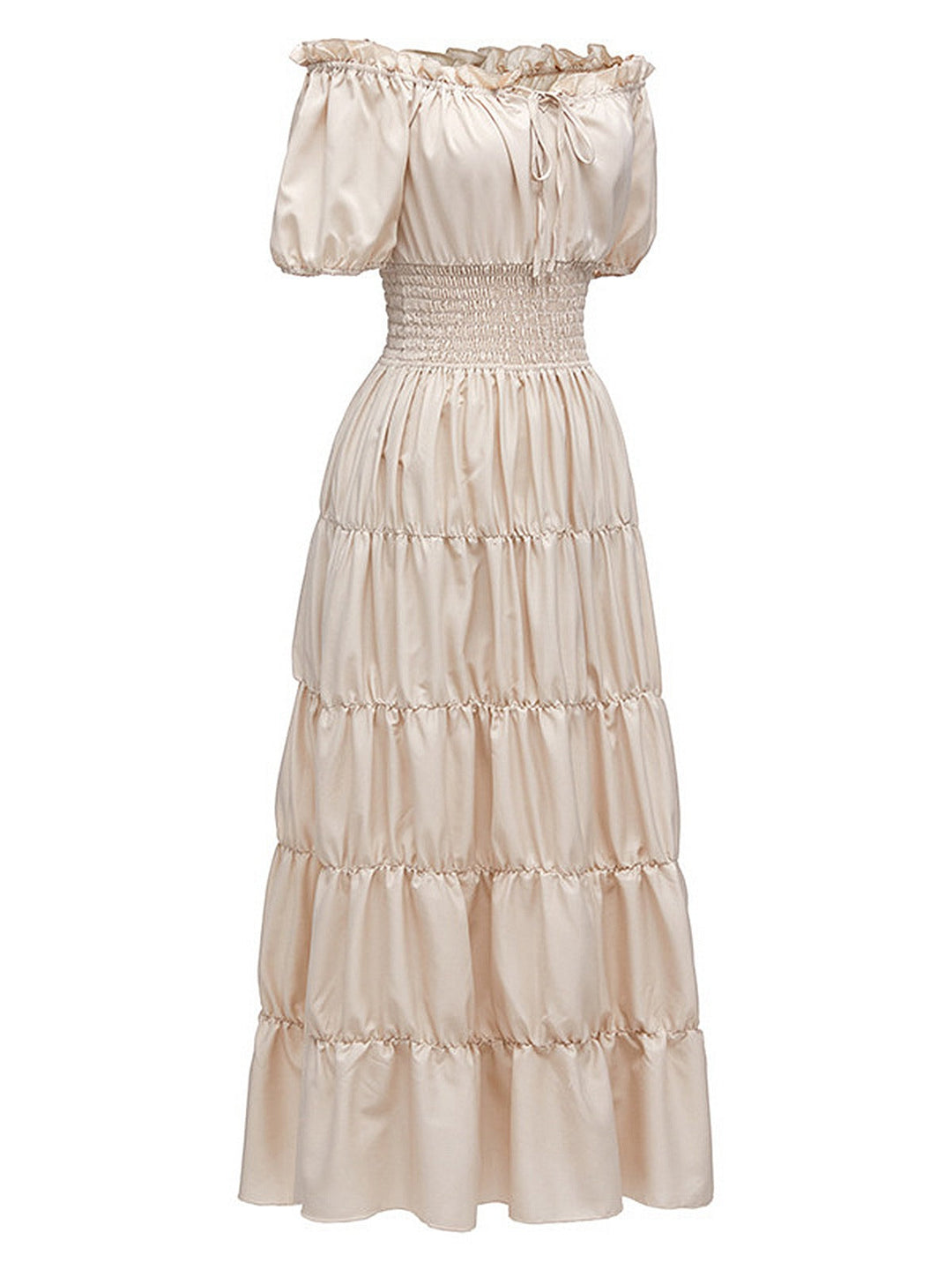 1930s Solid Off-Shoulder Smocked Puff Sleeves Dress: where 1930s romance meets her modern spirit