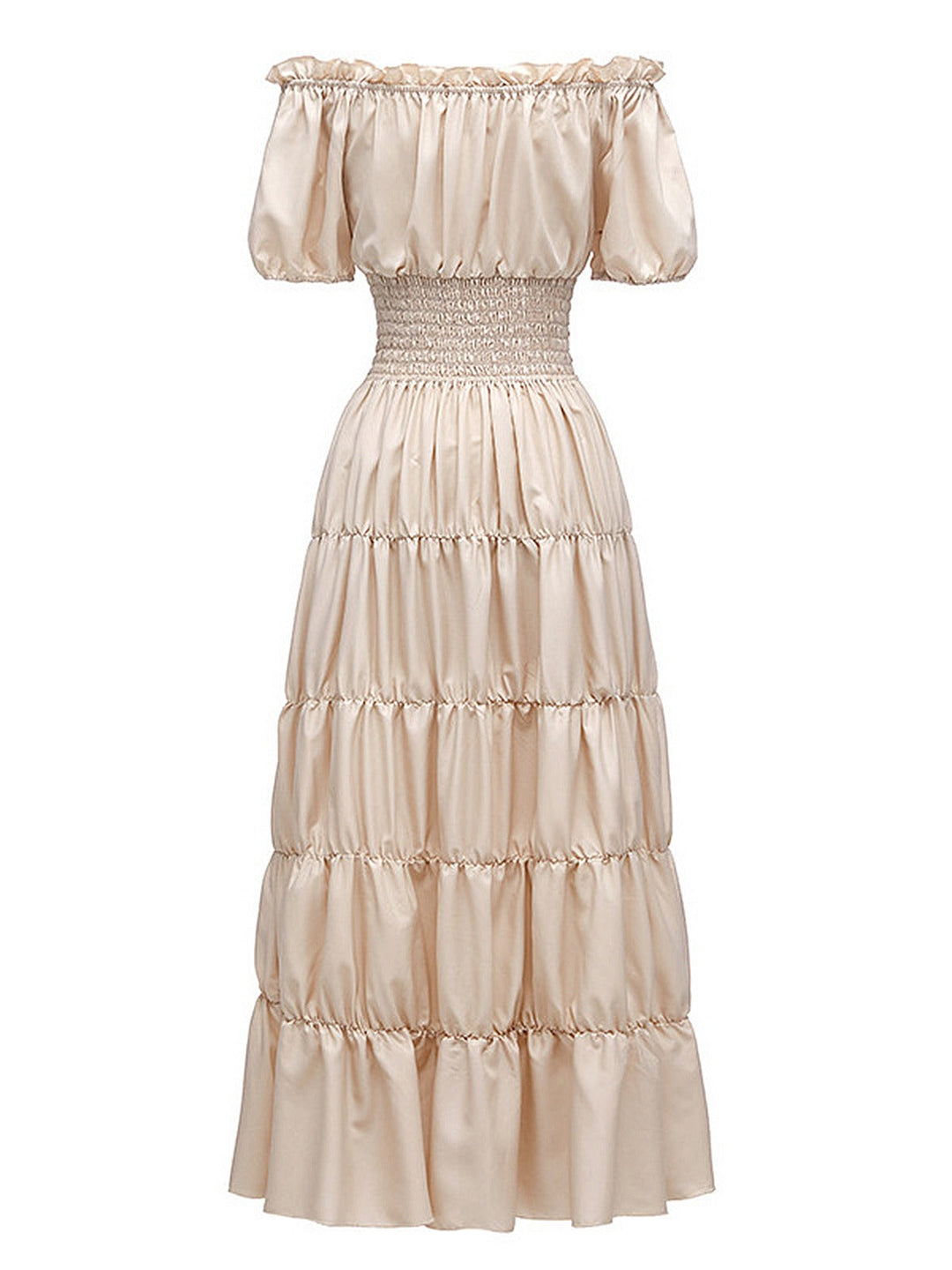 This 1930s Solid Off-Shoulder Smocked Puff Sleeves Dress wraps her in 1930s elegance, one twirl at a time