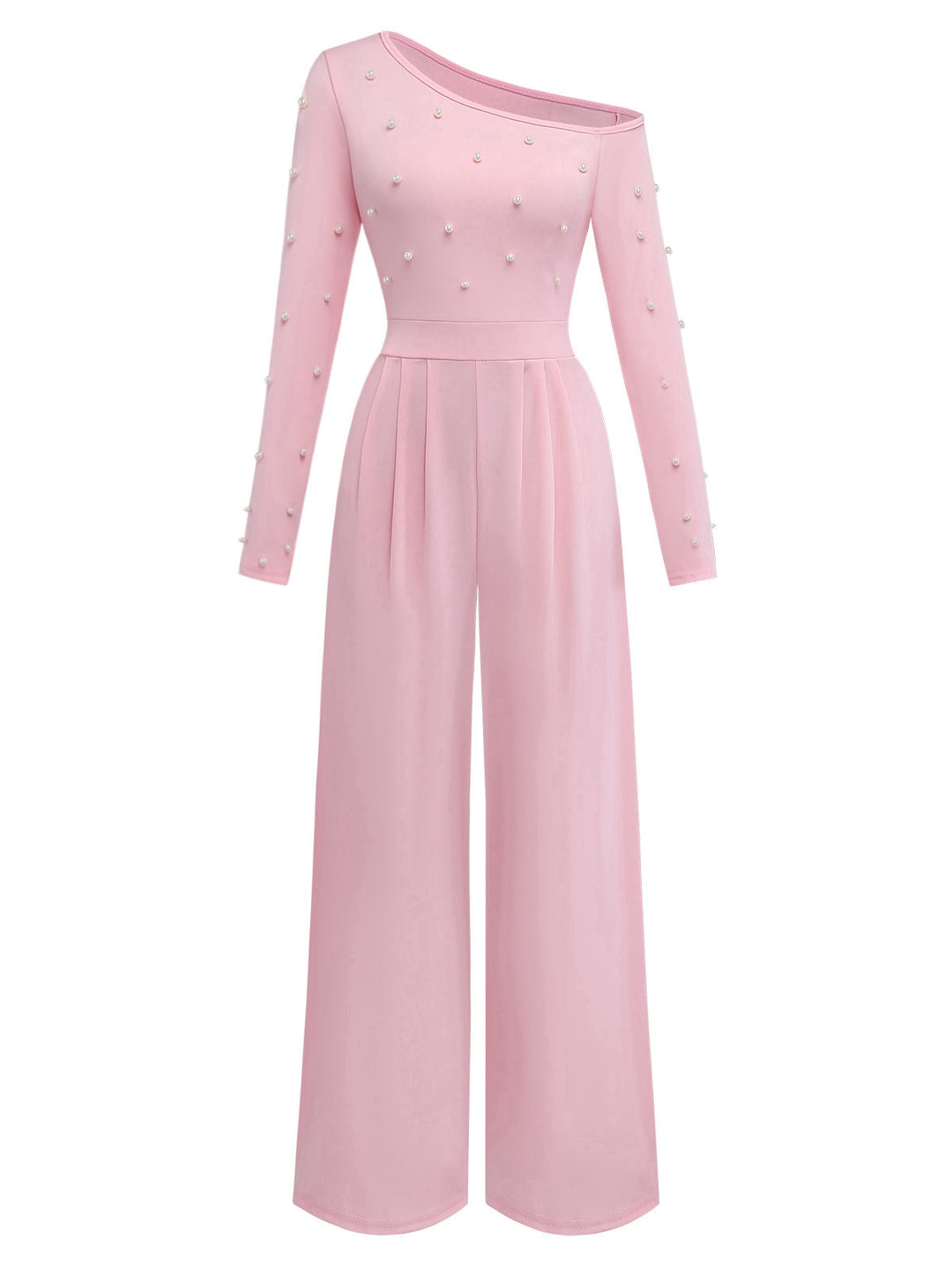 1930s Solid One-Shoulder Pearl Detail Long Sleeve Jumpsuit: beautiful vintage romper, retro jumpsuit, playful style with timeless appeal