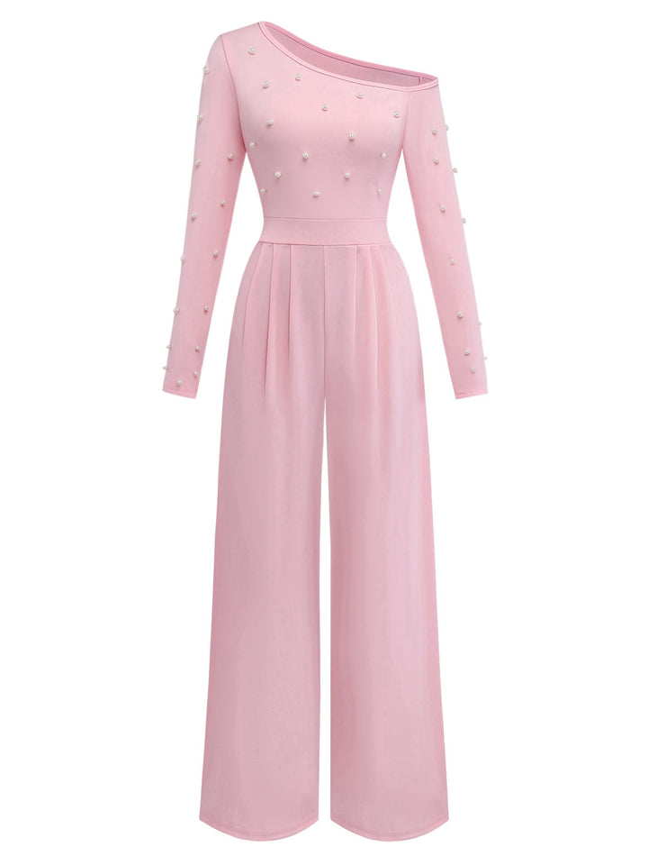 1930s Solid One-Shoulder Pearl Detail Long Sleeve Jumpsuit: beautiful vintage romper, retro jumpsuit, playful style with timeless appeal
