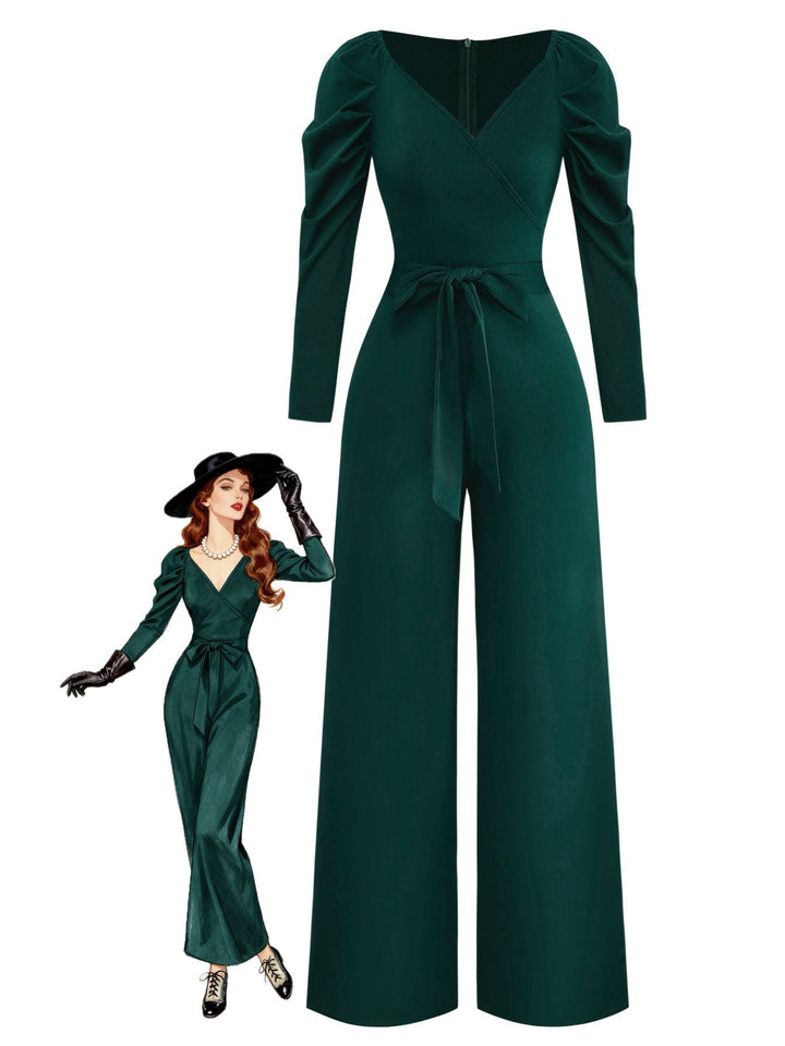 1930s Solid Ruched V-Neck Belted Jumpsuit - vintage jumpsuit, retro fashion