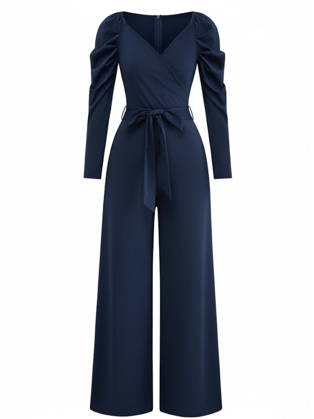 1930s Solid Ruched V-Neck Belted Jumpsuit - vintage jumpsuit, retro fashion