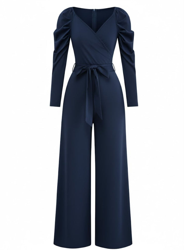 1930s Solid Ruched V-Neck Belted Jumpsuit - vintage jumpsuit, retro fashion