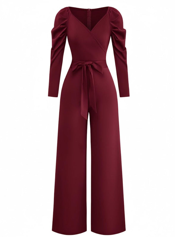 1930s Solid Ruched V-Neck Belted Jumpsuit - vintage jumpsuit, retro fashion
