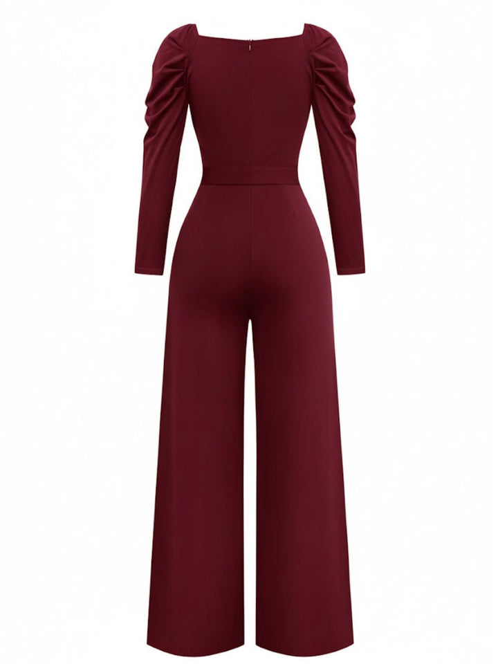 1930s Solid Ruched V-Neck Belted Jumpsuit - vintage jumpsuit, retro fashion