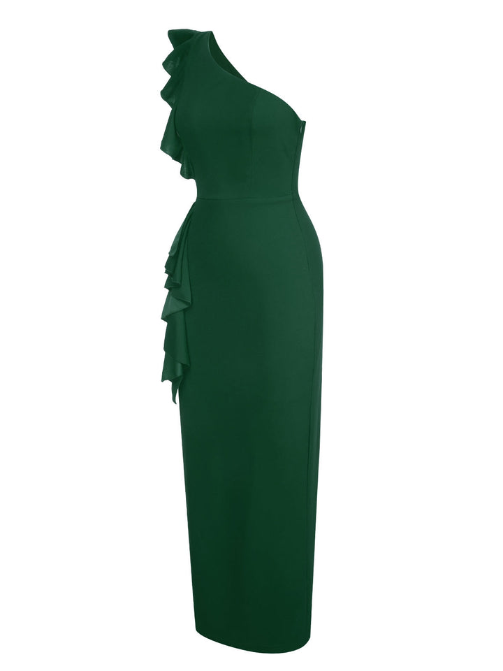 1930s Solid Ruffle One-Shoulder Slit Dress, vintage dress, retro fashion - perfect for women who love vintage and retro fashion