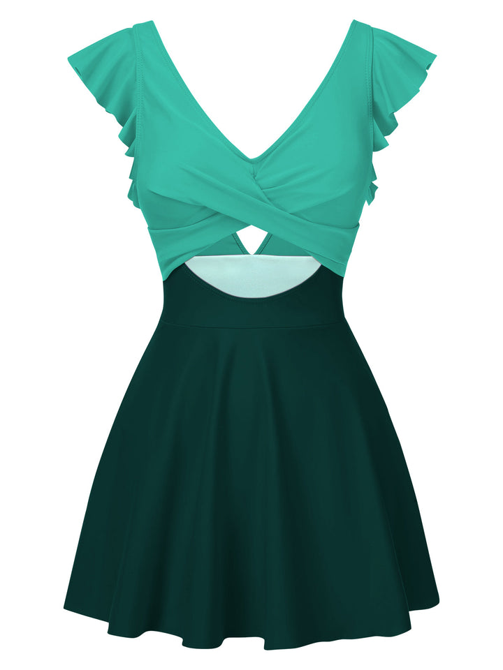 1930s Solid Ruffles Cut-Out Patchwork Swimdress, vintage dress, retro fashion - perfect for women who love vintage and retro fashion
