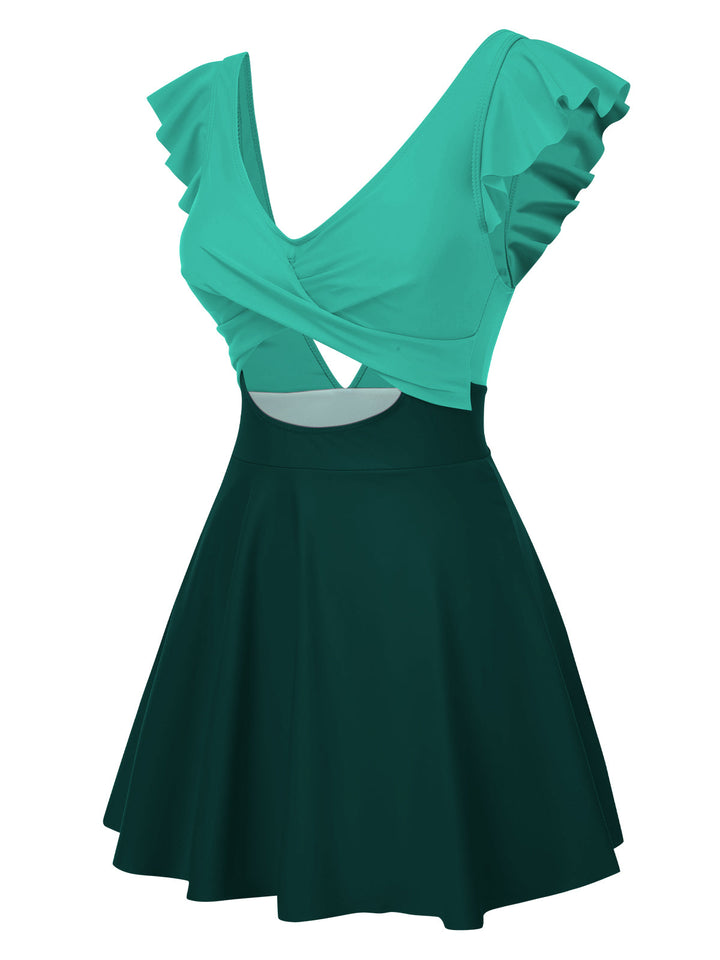 1930s Solid Ruffles Cut-Out Patchwork Swimdress, vintage dress, retro fashion - perfect for women who love vintage and retro fashion