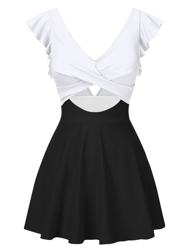 1930s Solid Ruffles Cut-Out Patchwork Swimdress, vintage dress, retro fashion - perfect for women who love vintage and retro fashion
