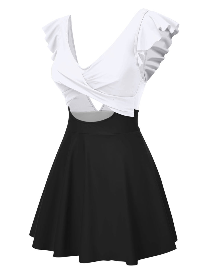 1930s Solid Ruffles Cut-Out Patchwork Swimdress, vintage dress, retro fashion - perfect for women who love vintage and retro fashion