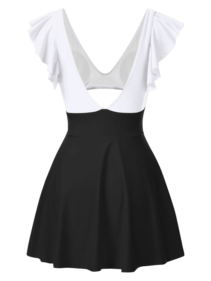 1930s Solid Ruffles Cut-Out Patchwork Swimdress, vintage dress, retro fashion - perfect for women who love vintage and retro fashion