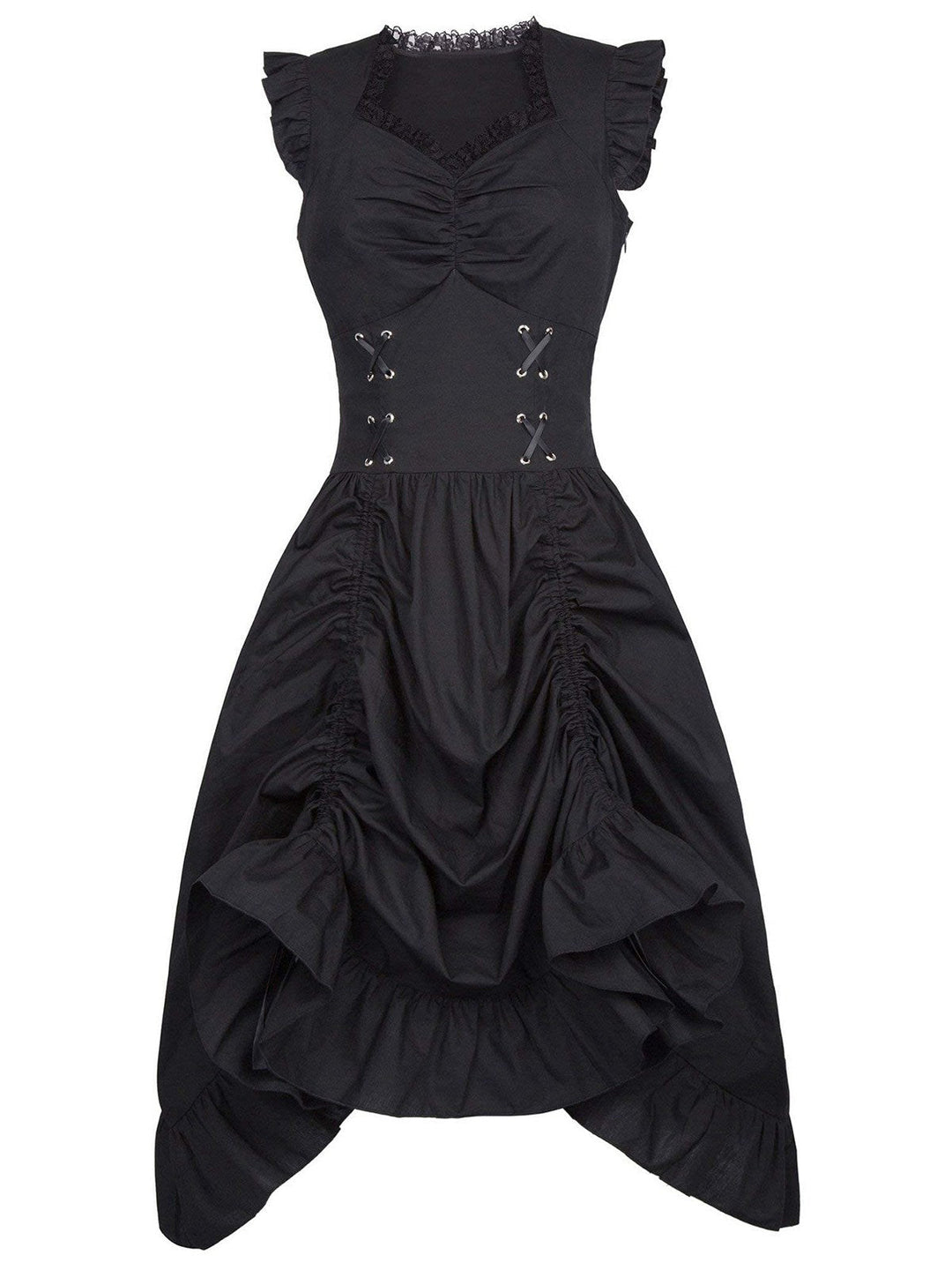 She slips into this 1930s Solid Ruffles Square Neck Steampunk Dress and suddenly it&