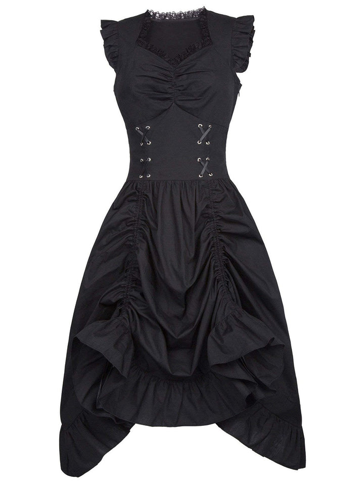 She slips into this 1930s Solid Ruffles Square Neck Steampunk Dress and suddenly it&
